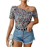 Women's Tops Sexy Tops for Women Shirts Asymmetrical Neck Sequin Tee - Multicolor Party Colorblock Short Sleeve Shirts