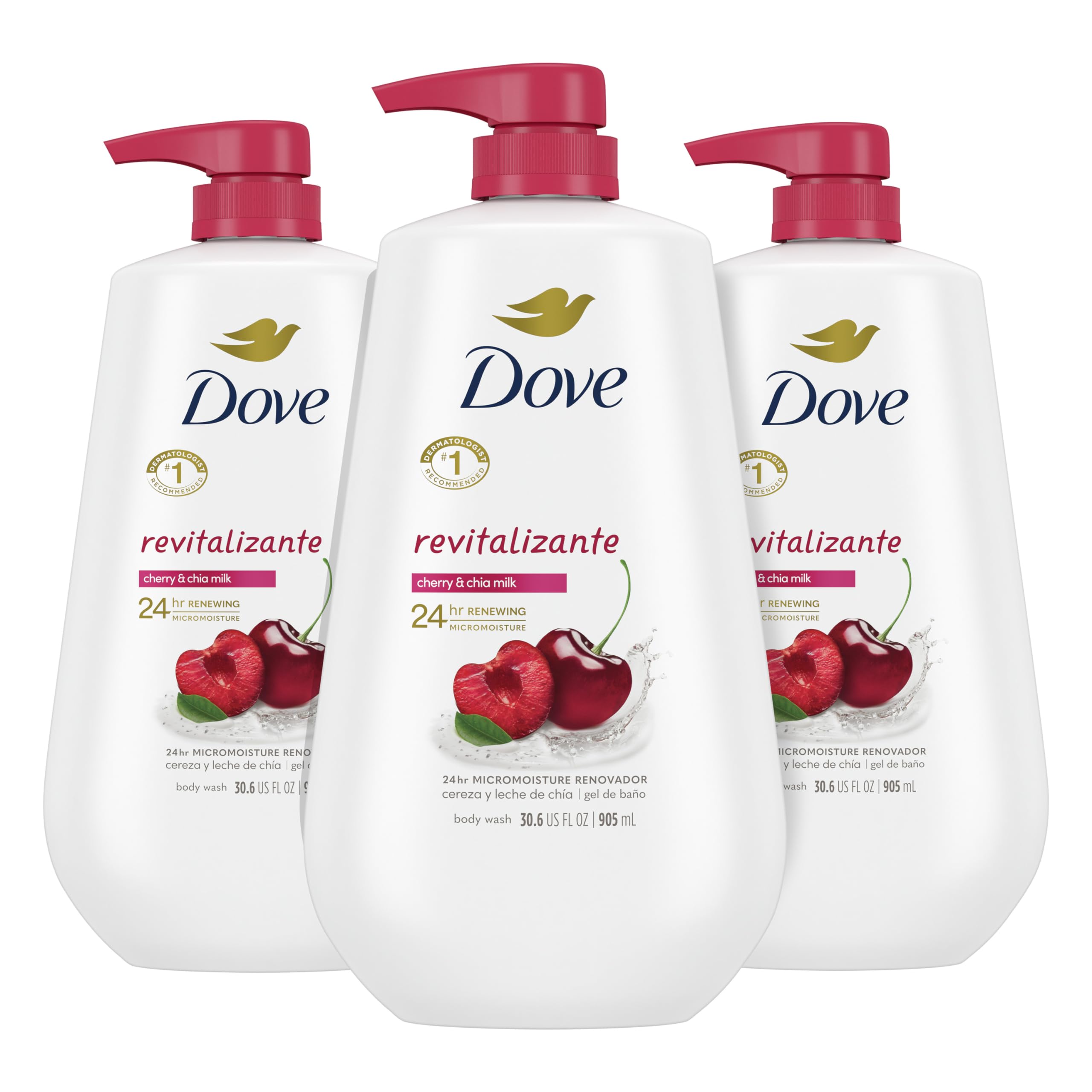 Dove Body Wash with Pump,Revitalizante Cherry & Chia Milk, 3 Count, for Renewed Healthy Looking Skin, Moisturizing Gentle Skin Cleanser with 24hr Renewing MicroMoisture, 30.6 oz