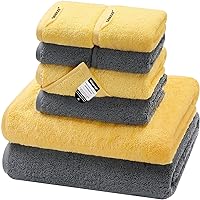 SEMAXE 8 Piece Towel Set, 2 Bath Towels 2 Hand Towels 4 Washcloths,100% Cotton Towels for Bathroom, Towel with Hanging Loops and Smart Tags, Hotel Spa Quality, Yellow and Grey Towel
