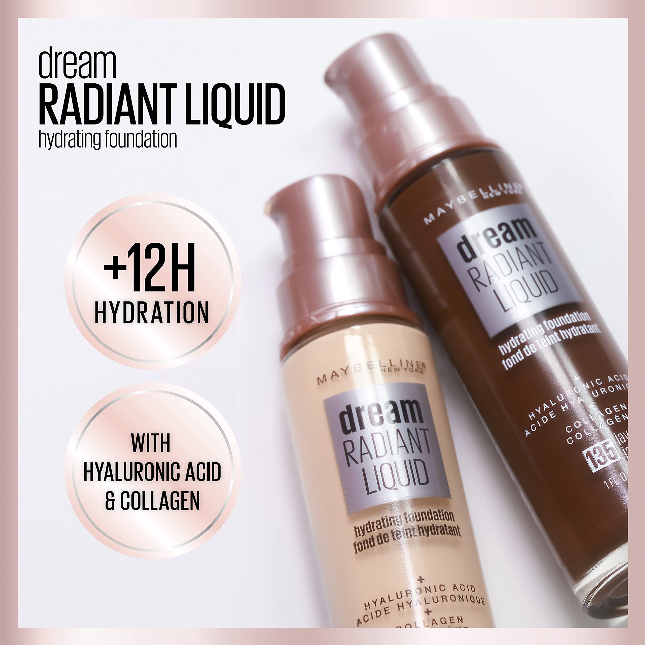 Maybelline New York Radiant liquid medium coverage hydrating makeup, lightweight liquid foundation, formulated with hyaluronic acid and collagen for a radiant look, Sandy Beige, 1 Fl Oz