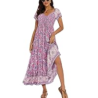 Women's Summer Casual Short Sleeve V Neck Smocked Elastic Waist Tiered Boho Floral Flowy Maxi Dress