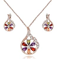 Rose Gold Plated Crystal Flower Pendant Necklace and Earrings Set for Women Girls