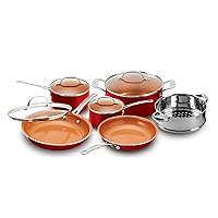 Gotham Steel 10-Piece Kitchen Set with Non-Stick Ti-Cerama Coating by Chef Daniel Green - Includes Skillets, Fry Pans, Stock Pots and Steamer Insert – Red