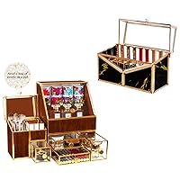 Tempered Glass Makeup Organizer & Lipstick Holder with 24 Slots-Countertop Cosmetic Organizer for Vanity with Brush Holder Ideal Large Makeup Storage Drawer Organizer for Bathroom & Dresser.