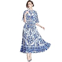 LAI MENG FIVE CATS Women's Elegant Pleated 1/2 Sleeves Print Maxi Casual Flowy Dress