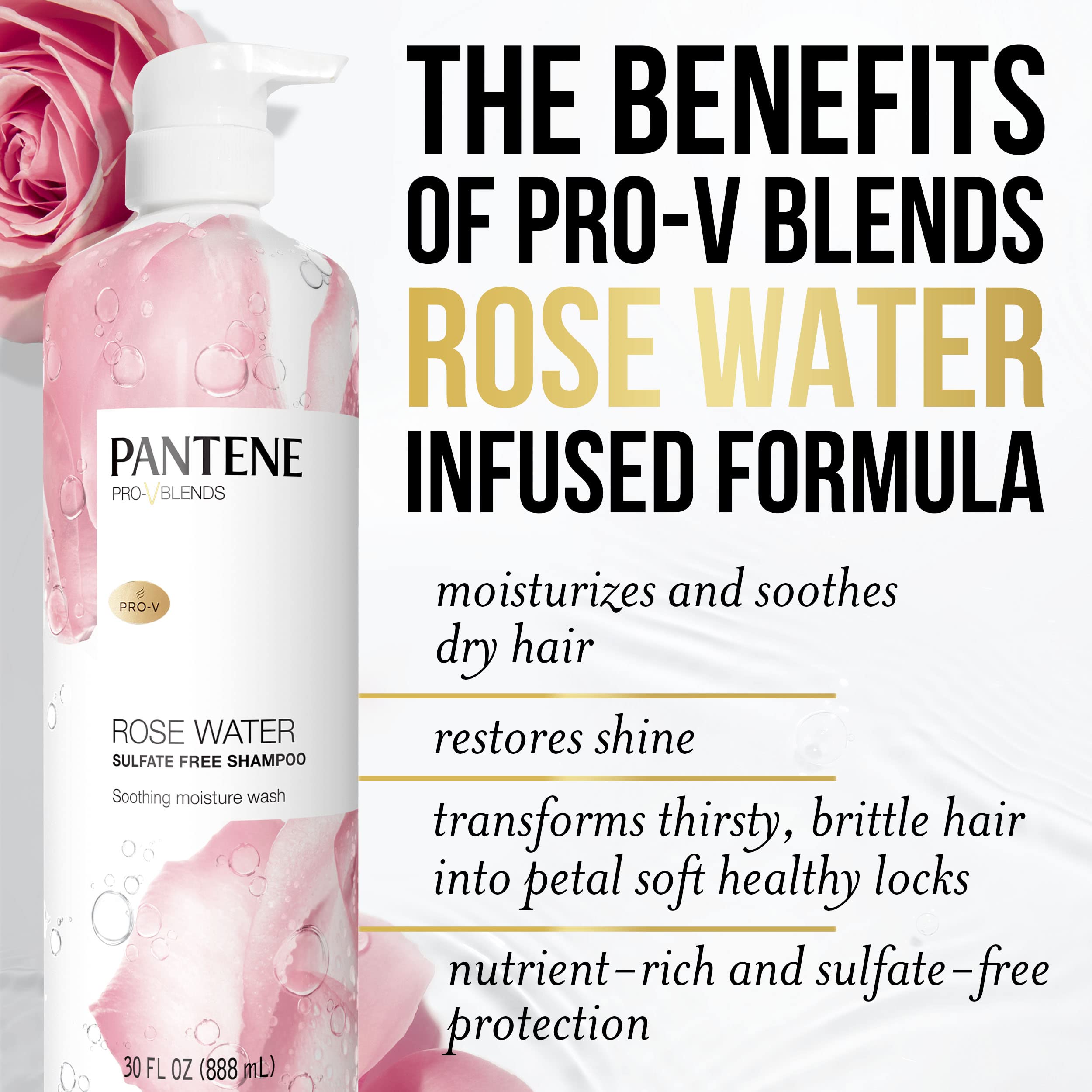 Pantene Sulfate Free Rose Water Shampoo, Soothes, Replenishes Hydration, Safe for Color Treated Hair, Nutrient Infused with Vitamin B5 and Antioxidants, Pro-V Blends, 30.0 oz