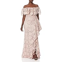 Badgley Mischka Women's Off The Shoulder Gown, Floral Lace Ruffle