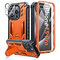 FNTCASE for iPhone 15 Pro Case: Military Grade Drop Proof Rugged Protective Cell Phone Cover with Kickstand & Built-in Protector | Matte Textured Shockproof TPU Hybrid Bumper Cases (Orange)
