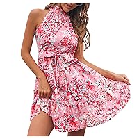 Summer Sexy Halter Dress for Women, Bow Bandage Mock Neck Off Shoulder Dresses Sleeveless Holiday Casual Floral Dress