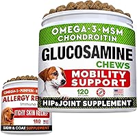 Glucosamine Treats + Allergy Relief Dog Bundle - Joint Supplement w/Omega-3 Fish Oil + Itchy Skin Relief - Chondroitin, MSM + Pumpkin + Enzymes + Turmeric - Skin & Coat - 120+180 Chews - Made in USA