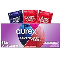 Durex Condoms Adventure Pack | Mix of Smooth & Ribbed Condoms Bulk | Condom Variety Pack | Regular Fit Latex Condoms (Includes Durex Extra Sensitive Smooth, Stimulating, & Performax Intense), 144 ct
