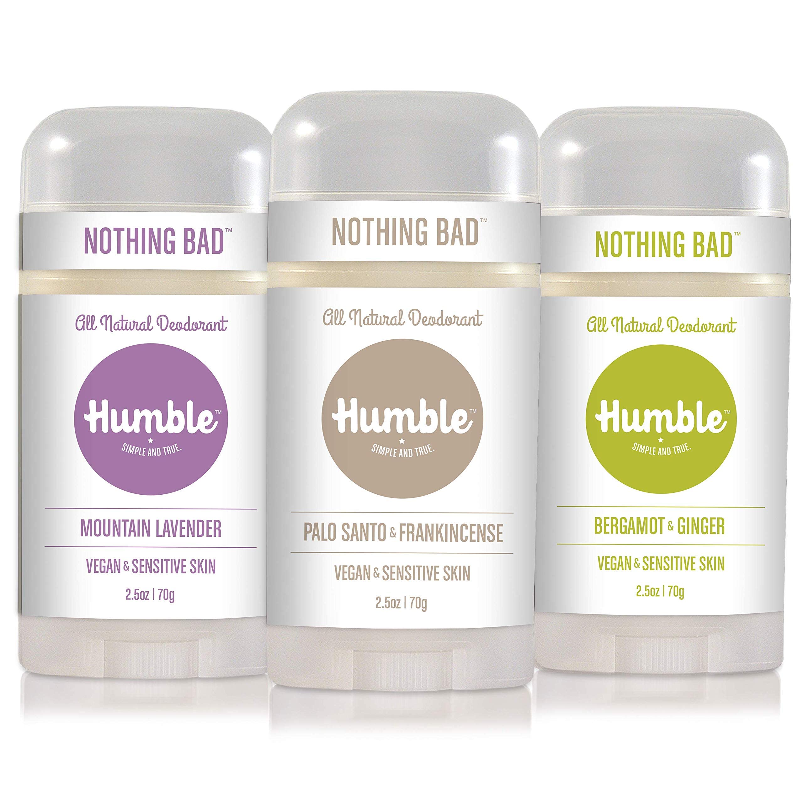 HUMBLE BRANDS Vegan Deodorant Sensitive Skin Trio with Palo Santo & Frankincense, Mountain Lavender, and Bergamot & Ginger, 2.5 Ounce (Pack of 3)
