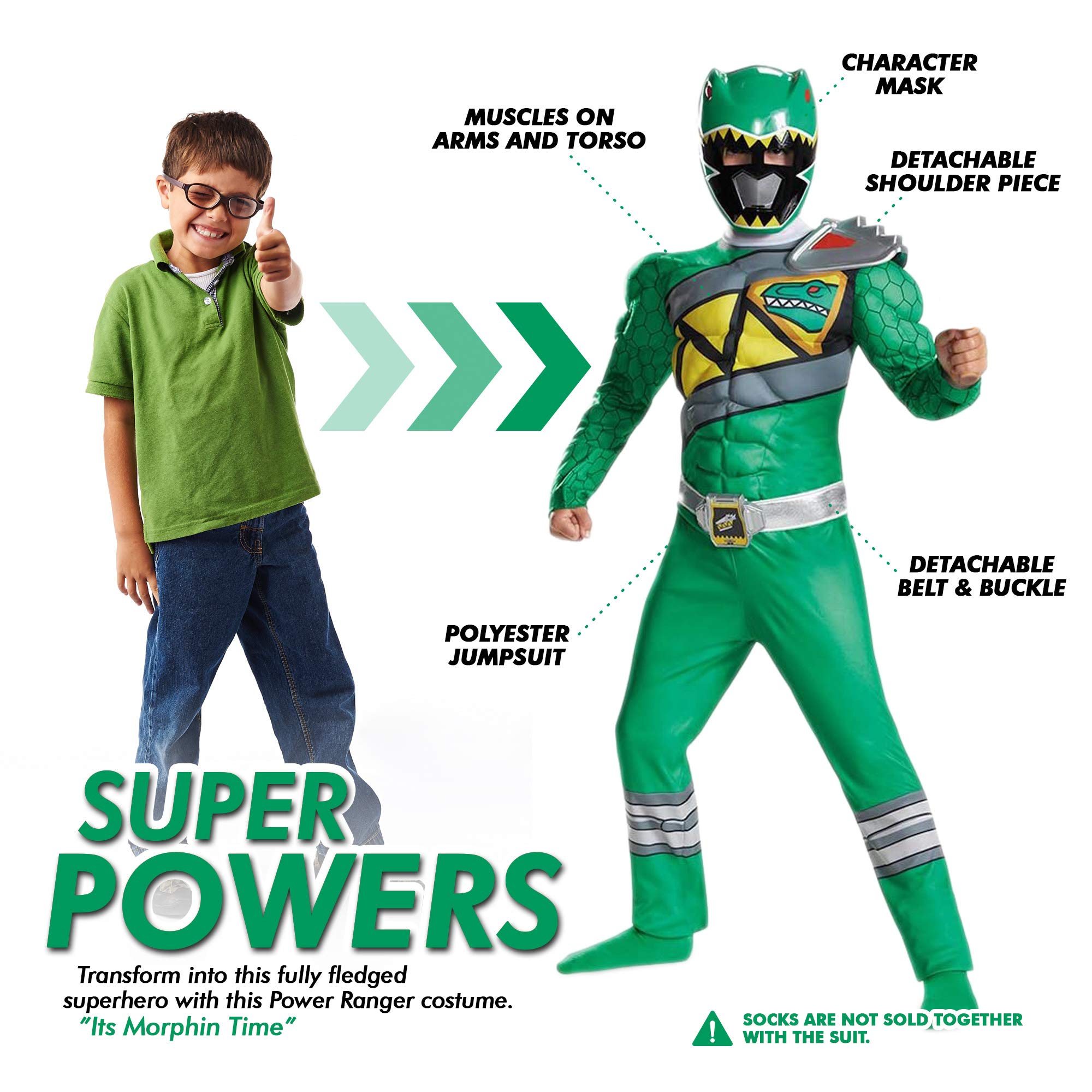 Green Power Rangers Costume for Kids. Official Licensed Green Ranger Dino Charge Classic Muscle Power Ranger Suit with Mask for Boys & Girls, Medium (7-8)