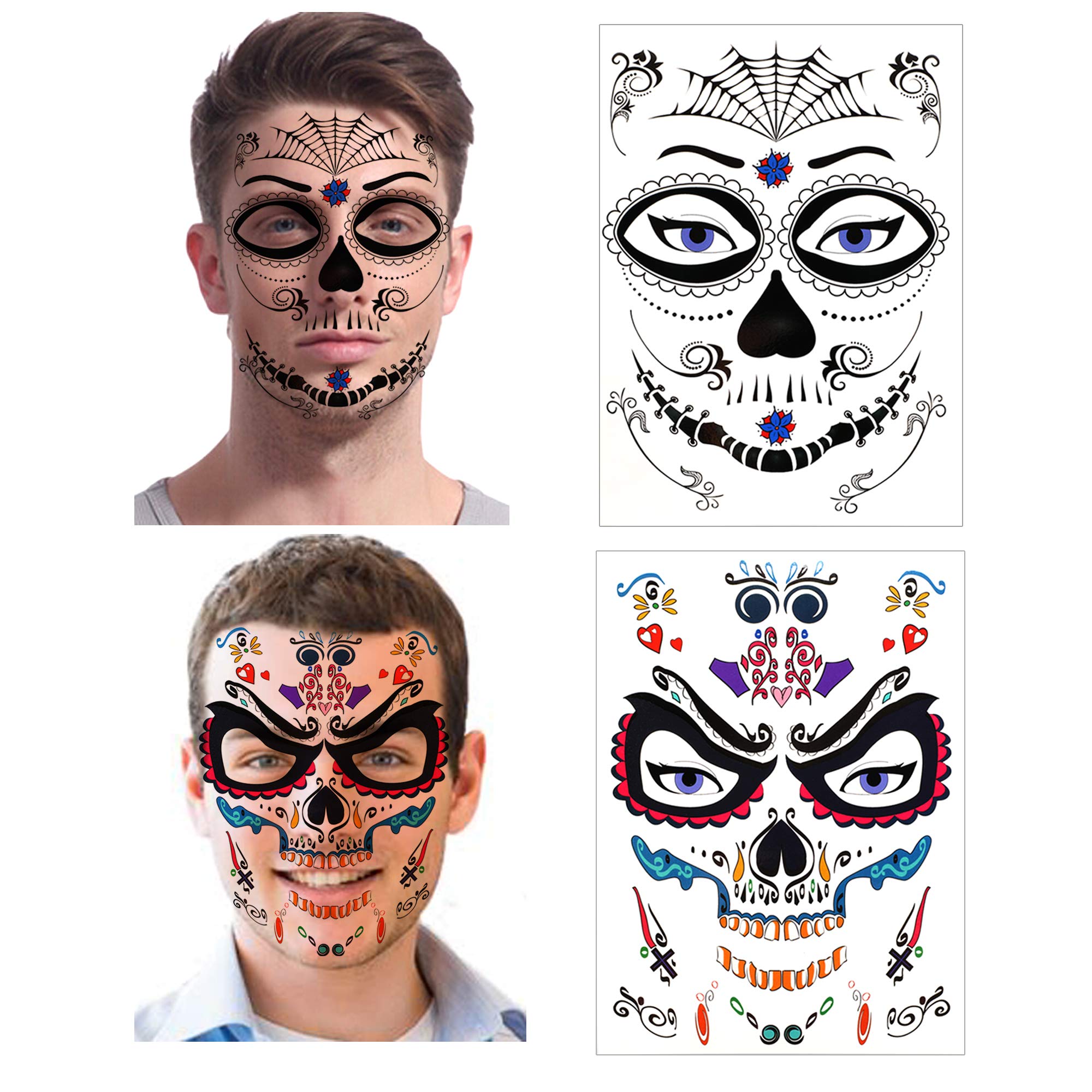 Halloween Temporary Face Tattoos (8Pack), Konsait Day of the Dead Sugar Skull Floral Black Skeleton Web Red Roses Full Face Mask Tattoo for Women Men Adult Kids Boys Halloween Party Favor Supplies