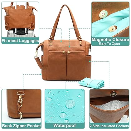 MOMINSIDE Diaper Bag Tote Leather Diaper Bag Backpack with 14 Pockets for Mom Dad, Baby Registry Search, Large Travel Baby Bag for Boys Girls with 4 Insulated Pockets, Changing Pad (Brown)