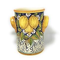 CERAMICHE D'ARTE PARRINI- Italian Ceramic Utensil Holder Wine Bottle Hand Painted Made in ITALY Decorated Three Lemons Tuscan Art Pottery
