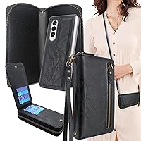Lacass for Samsung Galaxy Z Fold 3 5G 2021 Case Crossbody Dual Zipper Detachable Magnetic Leather Wallet Cover Wrist Strap with 8 Card Slots (Black)