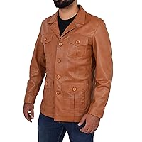 Mens Tan Leather Safari Jacket Fitted Classic Retro Blazer Hunters Reefer Coat - Sylas