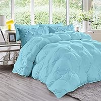All Season 3PC Down Comforter Sets, 100% Organic Cotton 800TC 600GSM. Pinch Pleated, Breathable, Soft, Fluffy, Light Weight, Machine Washable, Standard Queen Size, Aqua Blue