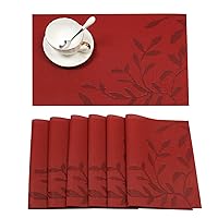SHACOS Woven Vinyl Placemats Set of 8 Red Leaf Pattern Wipeable Place Mats for Dining Table Heat Resistant PVC Table Mats Indoor Outdoor (8, Red Leaf)