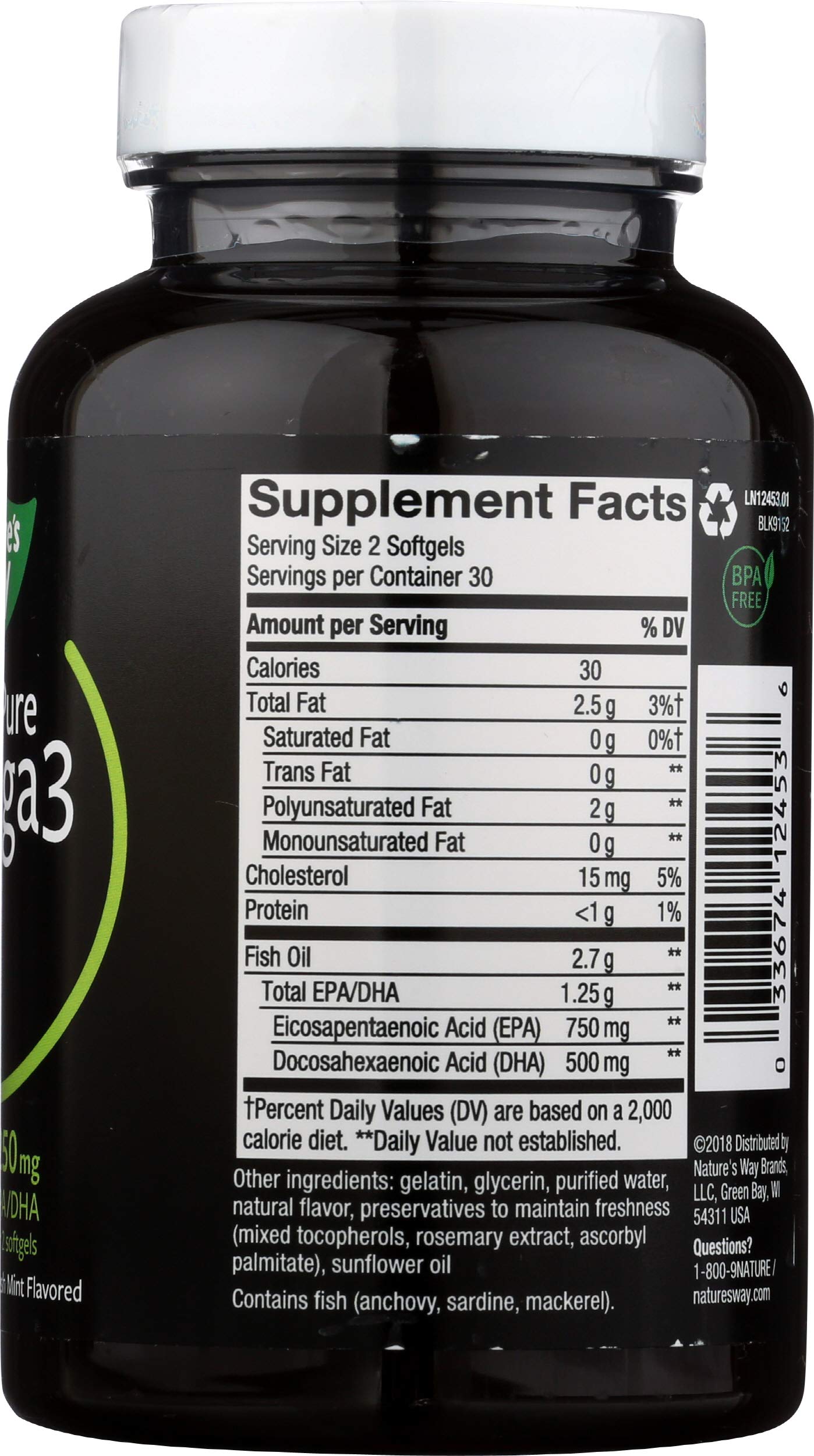 Nature's Way Ultra Pure Omega3 Fish Oil 1250 mg EPA/DHA Mint Flavored 60 Softgels
