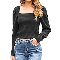 Blooming Jelly Women's Square Neck Knit Cute Sweaters Long Sleeve Dressy Casual Pullover Cozy Tie Back Tops