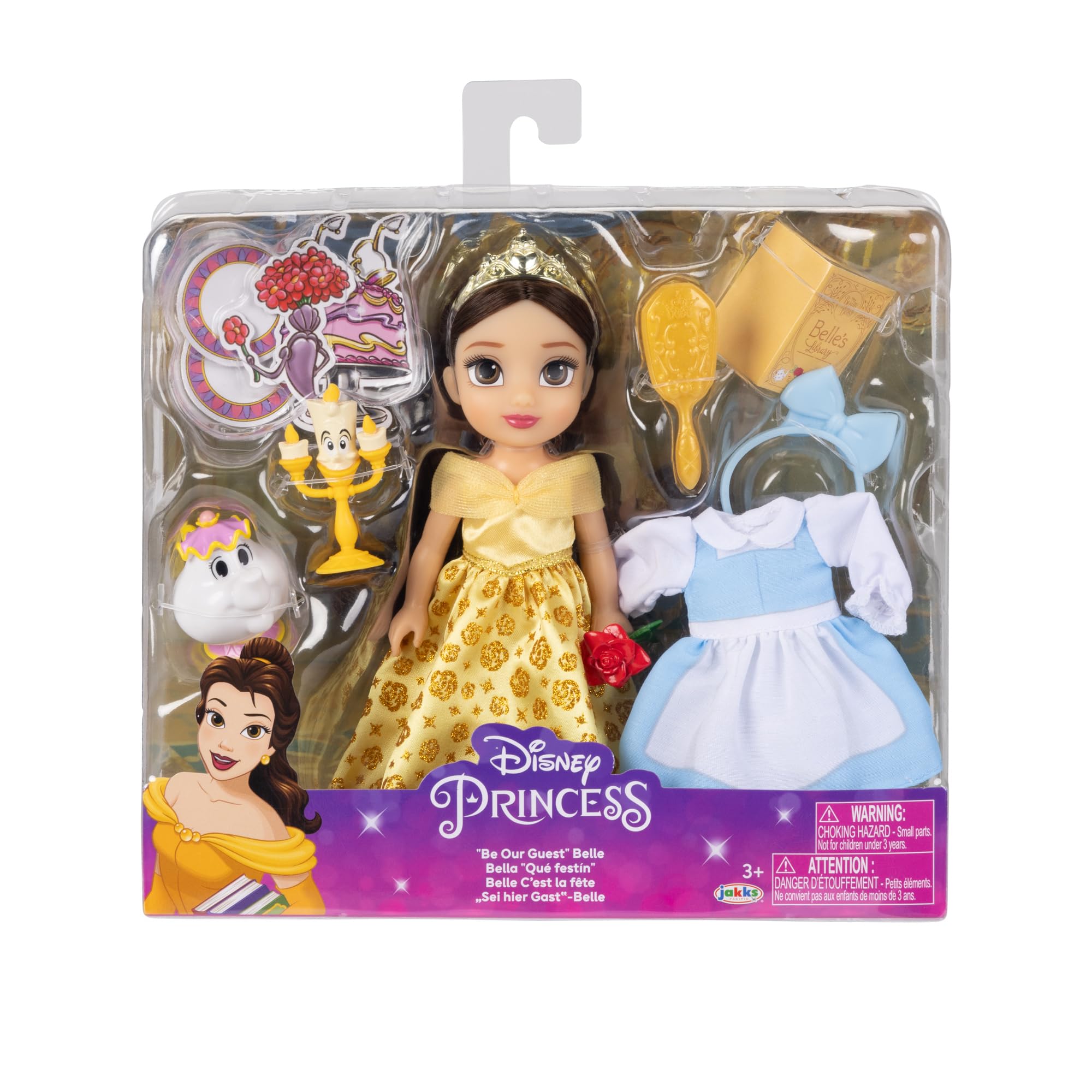 Disney Princess Belle Doll Be Our Guest Petite Belle Doll with Mrs. Potts & Lumiere, in Yellow Ball Gown and Blue Village Dress Fashions