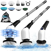 Electric Spin Scrubber, Cordless Voice Prompt Spin Scrubber with 8 Replaceable Brush Heads, 3 Adjustable Speeds Shower Scrubber with Long Handle, Electric Scrubber for Bathroom Floor Tile
