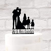 Family Wedding Cake Topper with 3 Children, Bride Groom Little Boy and 2 girls silhouette