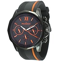 Peugeot Men Big Face Chronograph Sport Watch - Round with Day, Date. 24 Hours Sub Dial Windows & Silicone Strap