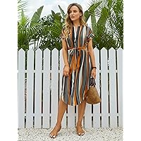 Dresses for Women - Notch Neck Cuffed Sleeve Striped Colorblock Belted Dress (Color : Multicolor, Size : Small)