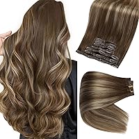 Full Shine 16Inch Balayage Seamless Clip in Human Hair Color 4 Medium Brown Fading to 24 Honey Blonde and 4 PU Clip in Hair Extensions 120 Grams 8 Pcs Hair Extensions Clip in Human Hair