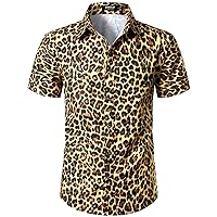 Men's Stretchy Causal Leopard Cheetah Print Short Sleeve Slim Fit Button Up Shirt