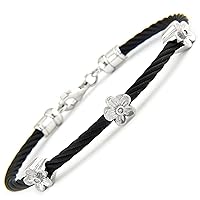 Sterling Silver Diamond Flower Bangle with Black Color Stainless Steel Cable