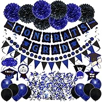 ZERODECO Graduation Decorations, Black and Blue Congrats Grad Banner Paper Pompoms Hanging Swirls Graduation Confetti Paper Garland Party Balloons for Party Decoration Supplies