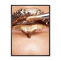 Makeup & Lipstick on The Face of A Beautiful Model - Modern Framed Canvas Wall Art Print Gold 24x32
