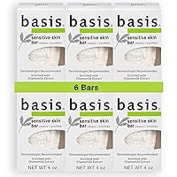 Basis Sensitive Skin Bar Soap - Cleans and Soothes with Chamomile and Aloe Vera, Use as Body Wash or Hand Soap - Pack of 6