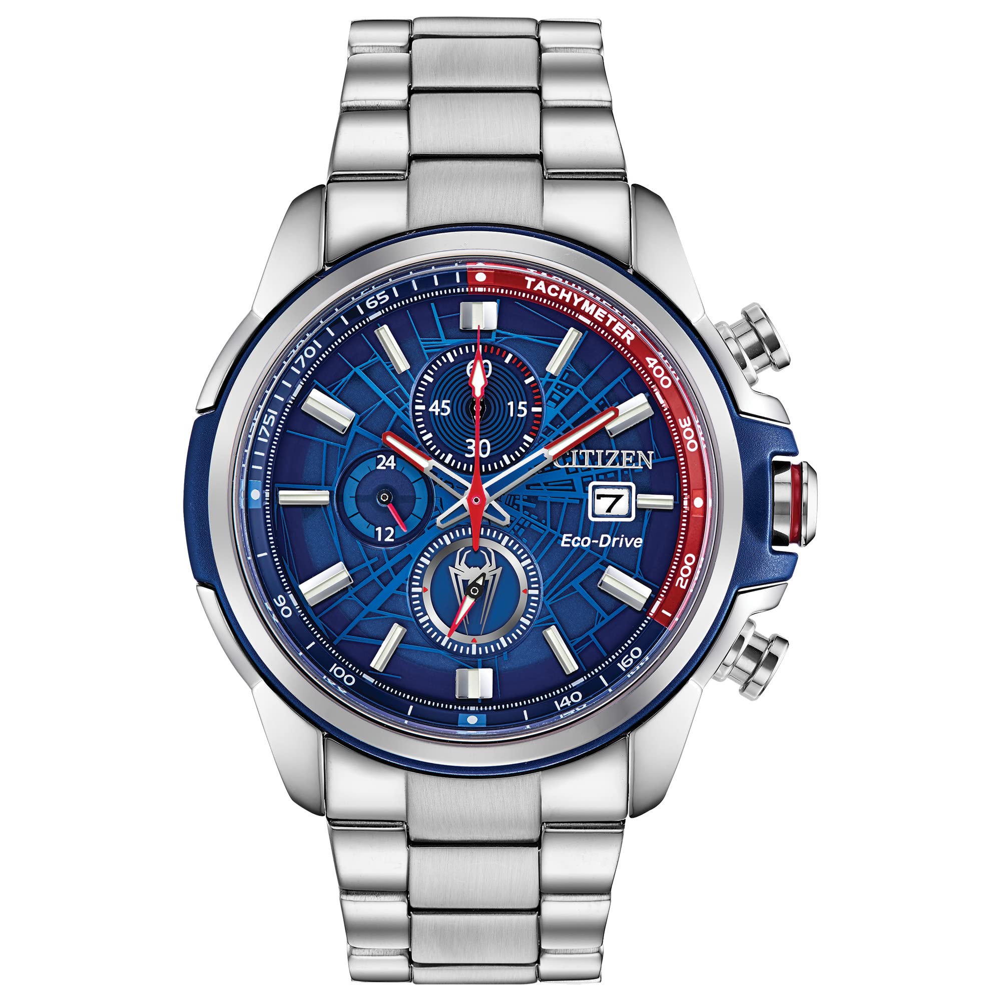 Citizen Men's Eco-Drive Marvel Spider Man Watch in Stainless Steel, Spider Man Art Blue and Red Dial (Model: CA0429-53W)