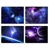Galaxy Planets Canvas Wall Art - Blue Universe Themed Modern Prints for Home Decor 4 Pieces Outer Space Framed Painting Solar System Poster Pictures for Kids Teens's Bedroom Living Room 12x16 inches