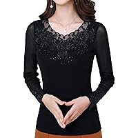Women's Lace Mesh Tops Long Sleeve Casual Rhinestone Embroidered Floral Blouses Embroidery Shirts