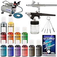 Master Airbrush Cake Decorating Airbrushing System Kit with 2 Airbrushes, Gravity and Siphon, 12 Color Chefmaster Food Coloring Set, Pro Cool Runner II Dual Fan Air Compressor - How To Guide, Cupcakes