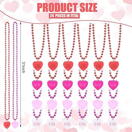 Ecally 24 Pcs Heart Shaped Beads Necklaces Wedding Love Sweet Necklace with Heart Shaped Pendant Necklaces for Valentines Day Bachelorette Mardi Gras Party Favors