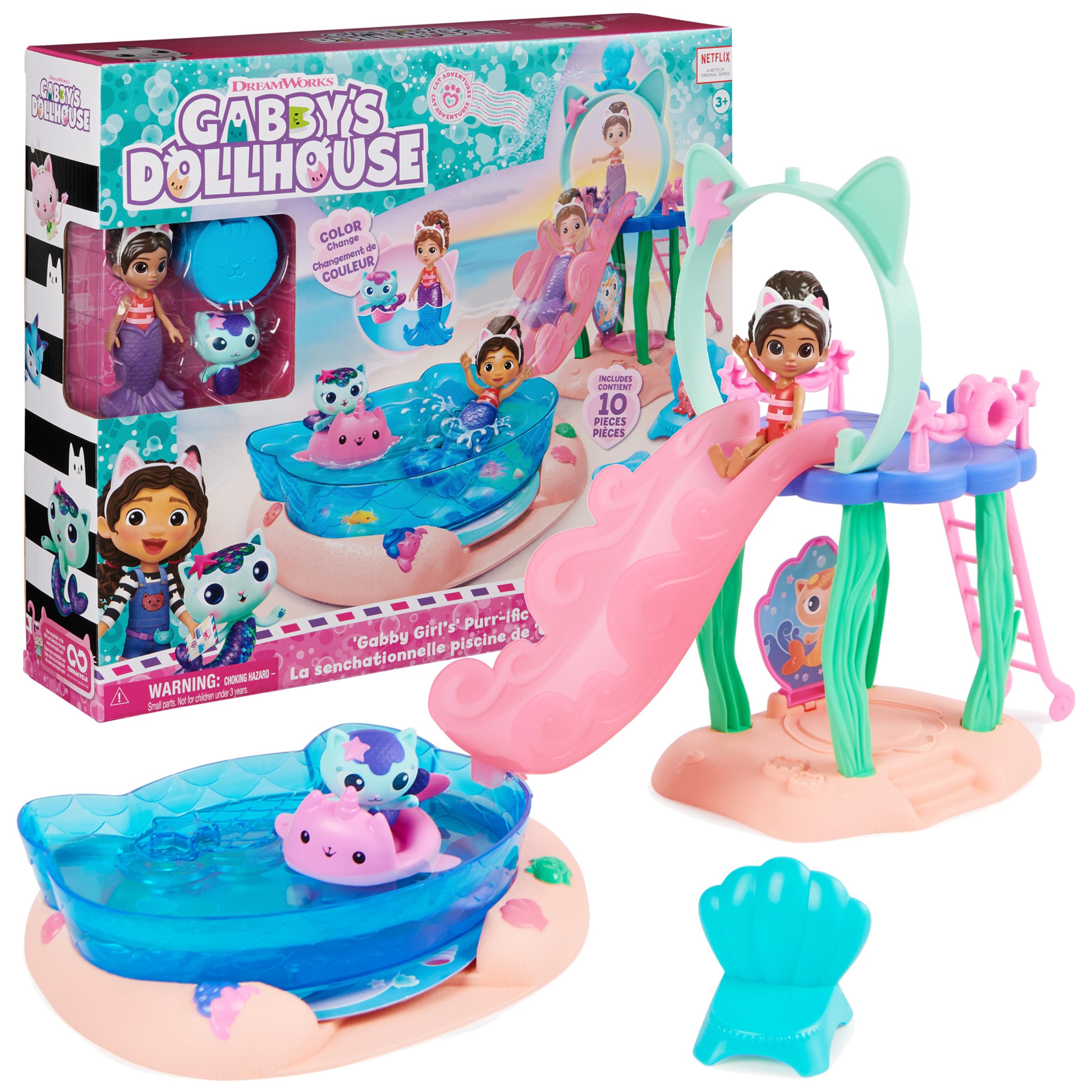 Gabby’s Dollhouse, Purr-ific Pool Playset with Gabby and MerCat Figures, Color-Changing Mermaid Tails and Pool Accessories Kids Toys for Ages 3 and Up
