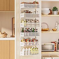 6-Tier Over The Door Pantry Organizer with Mesh Baskets, Adjustable & Stable Hanging Spice Rack for Kitchen, Bathroom, Bedroom, and Baby Essentials Storage (White)