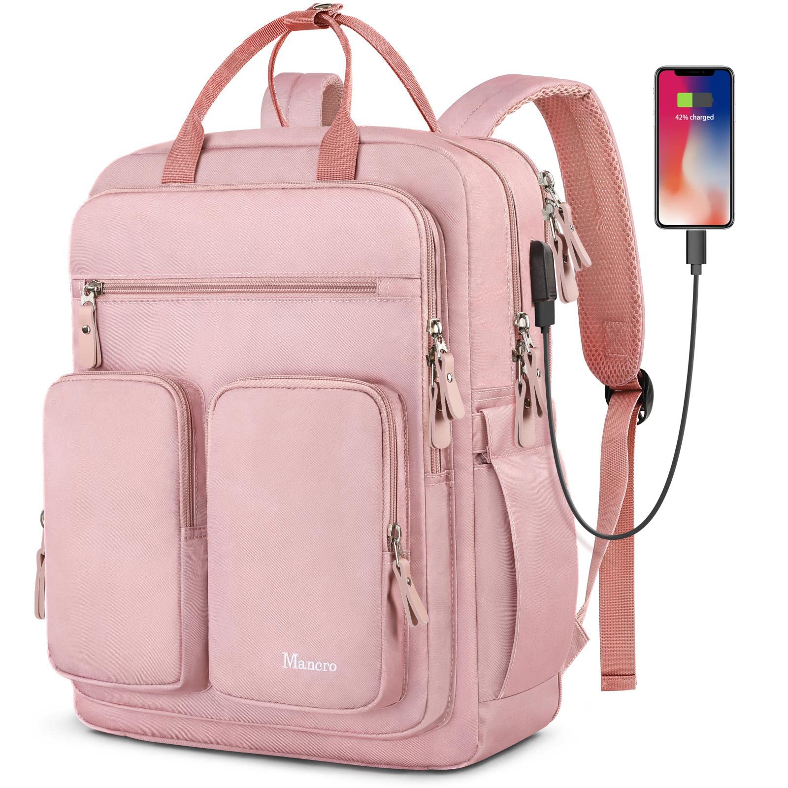 Mancro Travel Backpack for Women, 15.6 Inch Laptop Backpack with USB Charging Port, Waterproof Carry on Backpack for Travel, Fashion College Backpack Gifts for Women, Pink
