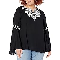 Angie Womens Plus Size Embroided Bell Sleeve TOP, Black, 1X