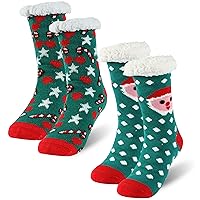 Warm Slipper Socks with Grippers for Women Men Thick Fleece-lined Mid Calf Fuzzy Socks 2 Pairs