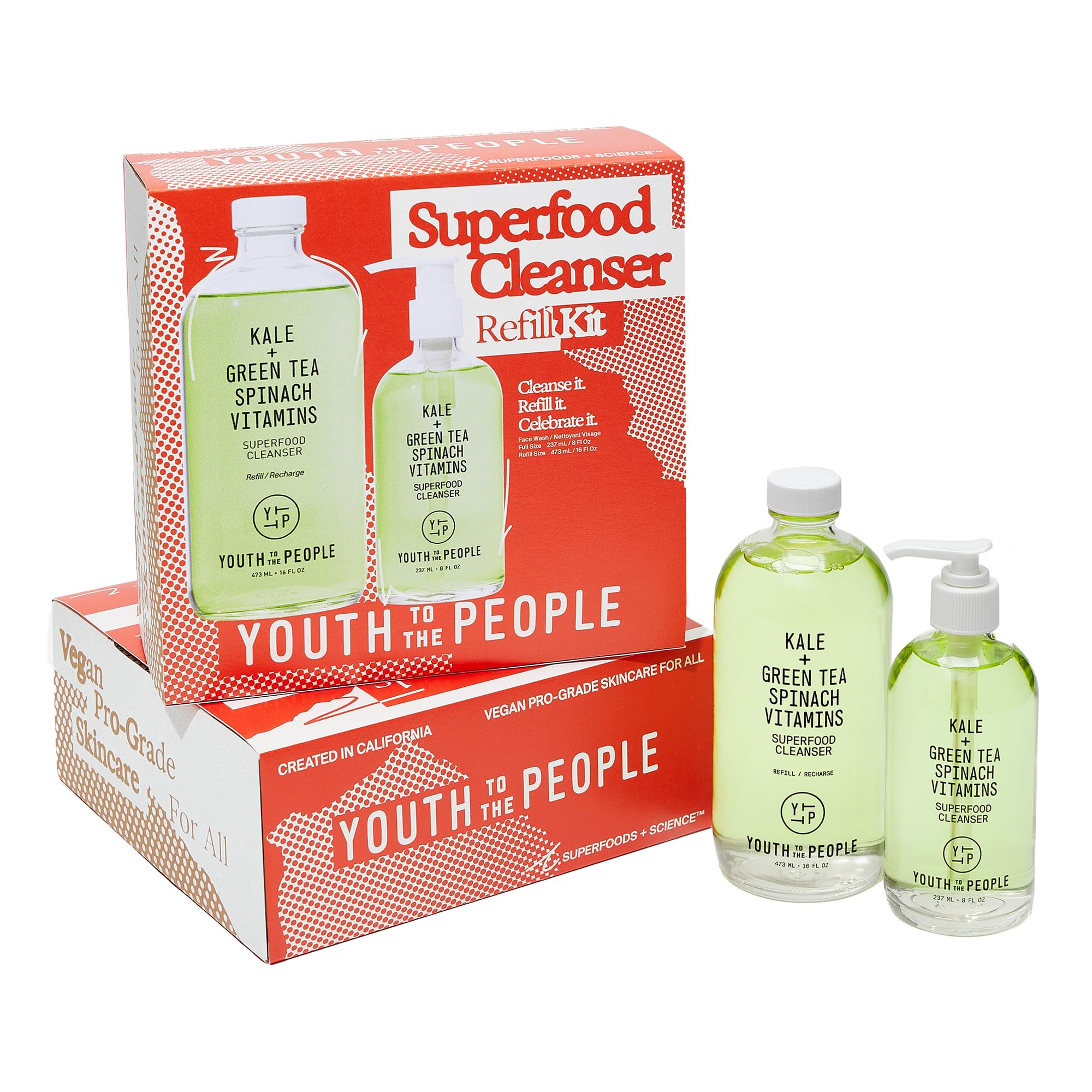 Youth To The People Superfood Cleanser Refill Kit - 8oz Pump Bottle + 16oz Refill - pH Balanced, Non-Drying Gel Face Wash + Makeup Remover for All Skin Types