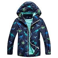 C2M Boys Girls Hooded Rain Jacket Kids Dinosaur Waterproof Lined Raincoat