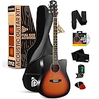 Pyle Steel String Acoustic Guitar Kit, 4/4 Full Size Cutaway All-Wood Guitarra Acustica with Premium Accessory Set and Upgraded Gig Bag, 41